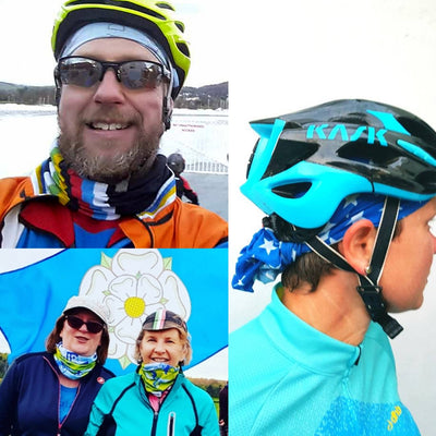 a photo montage of men and women cyclists wearing their ruffnek scarves as either a neck warmer and or under their cycle helmets