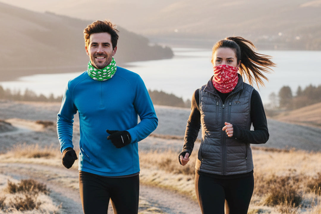 A man and a women running in the winter both wearing a Ruffnek sports scarf as a neck gaiter and face mask