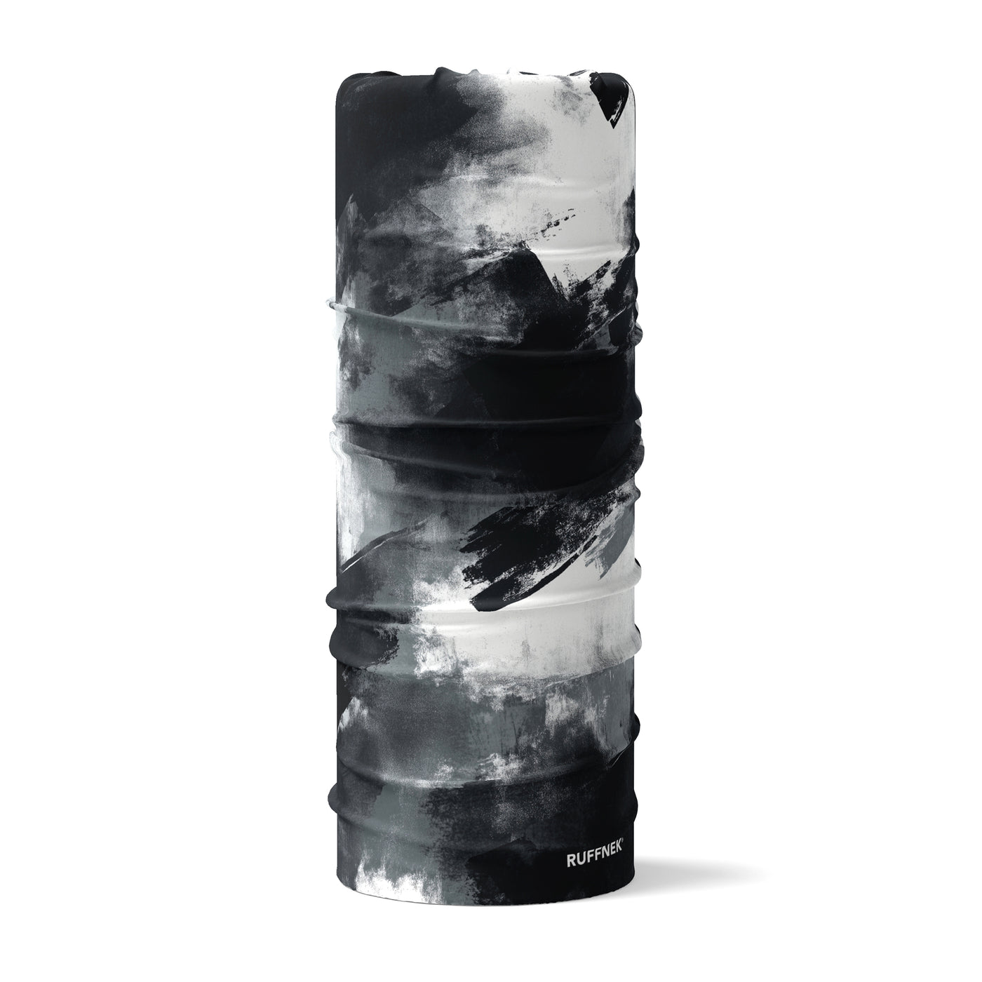 Black and white Ink Storm design RUFFNEK® snood, ideal for Skiing, hiking, cycling and outdoor wear. Shown in a 3d tube 