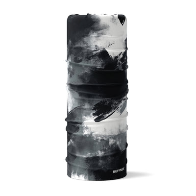 Black and white Ink Storm design RUFFNEK® snood, ideal for Skiing, hiking, cycling and outdoor wear. Shown in a 3d tube 