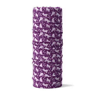 Lilac Cat and paw pattern on a purple background - Love Cats Multifunctional Scarf RUFFNEK® Snoods  #LoveCats #CatSnood #PurpleCats #YogaHeadband