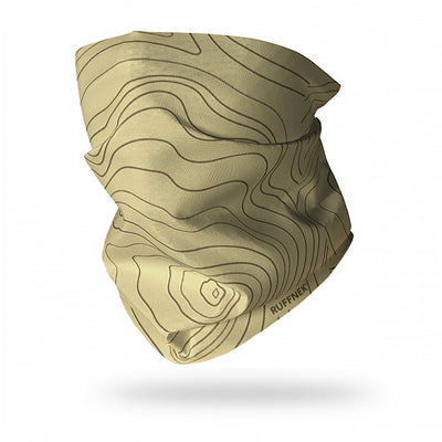 Mountains Contours RUFFNEK® snood in Sand / Stone colour, ideal for hiking, cycling, skiing, and outdoor wear.  #HikingGear #CyclingStyle #HikingAdventures