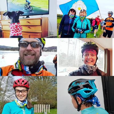 Photos of cyclists wearing their different designs of Ruffnek cycling scarves; King of the Mountains, Tour deYorkshire, World Champion and shown worn as a neck gaiter or under your cycle helmet.