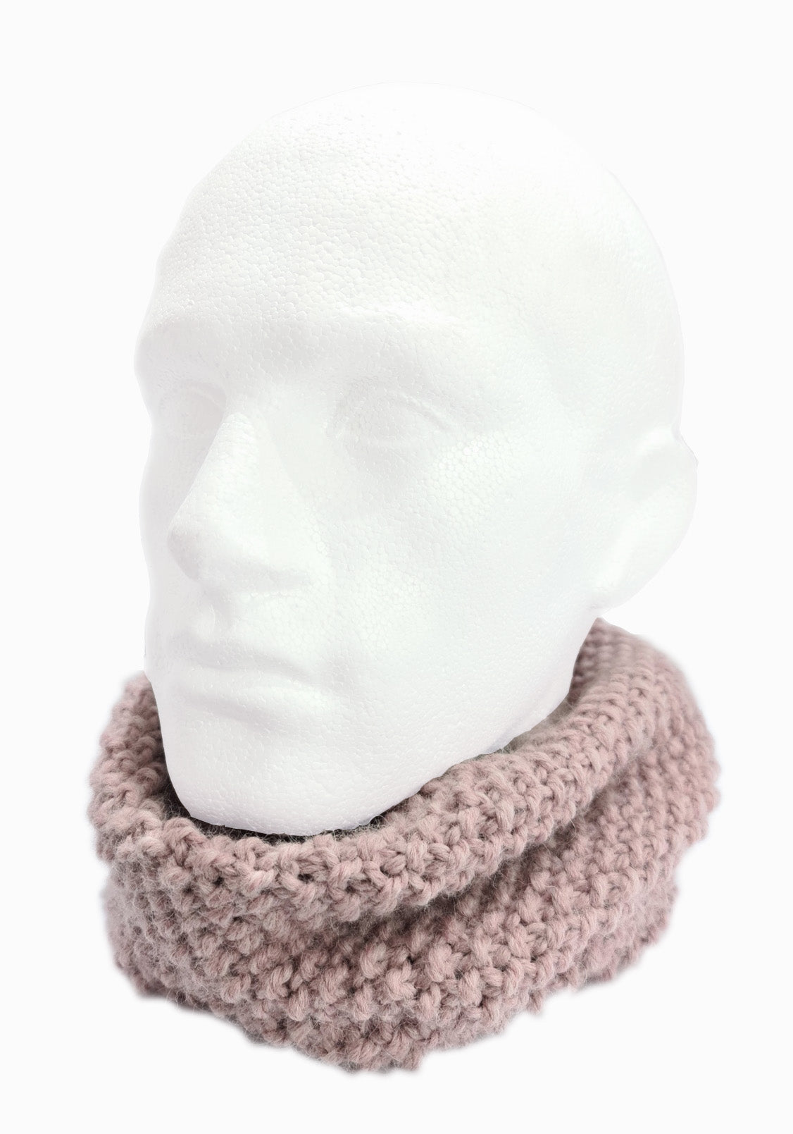 100% Alpaca Hand Knitted Infinity Scarf - Infinity Scarf Neck warmer RUFFNEK® Dusky Pink shown on a mannequin head