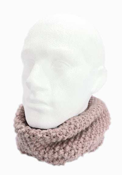100% Alpaca Hand Knitted Infinity Scarf - Infinity Scarf Neck warmer RUFFNEK® Dusky Pink shown on a mannequin head