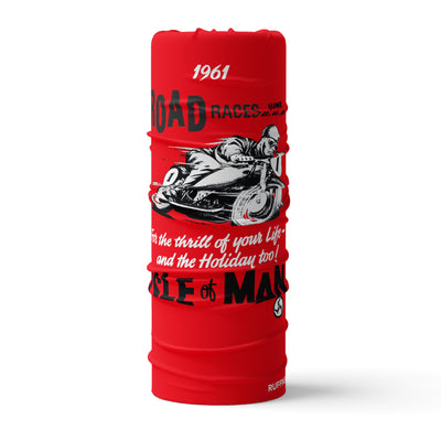Isle of Man Road Races Neck Gaiter RUFFNEK® One Size / Red. neck tube – a stylish and functional accessory for riders. #MotorcycleFashion #RiderStyle #NeckTube #BikerSnood 