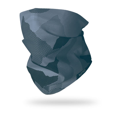 Mountains Blue RUFFNEK® snood with petrol blue and black abstract mountain design, ideal for hiking, cycling, skiing, and outdoor wear.  #HikingGear #CyclingStyle #SkiAccessories