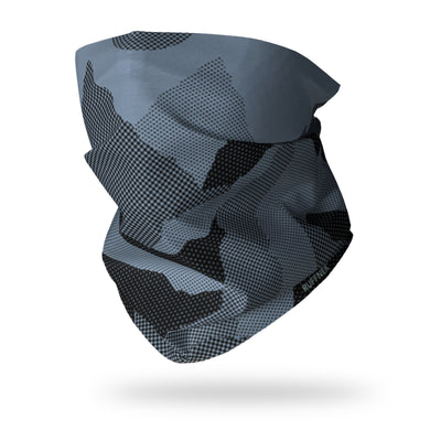 Mountains Blue RUFFNEK® snood with petrol blue and black abstract mountain design, ideal for hiking, cycling, skiing, and outdoor wear.  #HikingGear #CyclingStyle #SkiAccessories