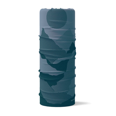 Mountains Blue RUFFNEK® snood with petrol blue and black abstract mountain design, ideal for hiking, cycling, skiing, and outdoor wear.  #HikingGear #CyclingStyle #SkiAccessories