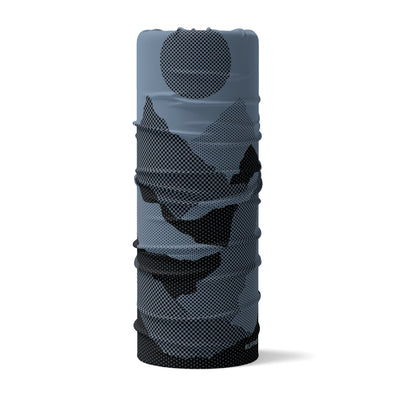 Mountains Blue RUFFNEK® snood with petrol blue and black abstract mountain design, ideal for hiking, cycling, skiing, and outdoor wear.  #HikingGear #CyclingStyle #SkiAccessories