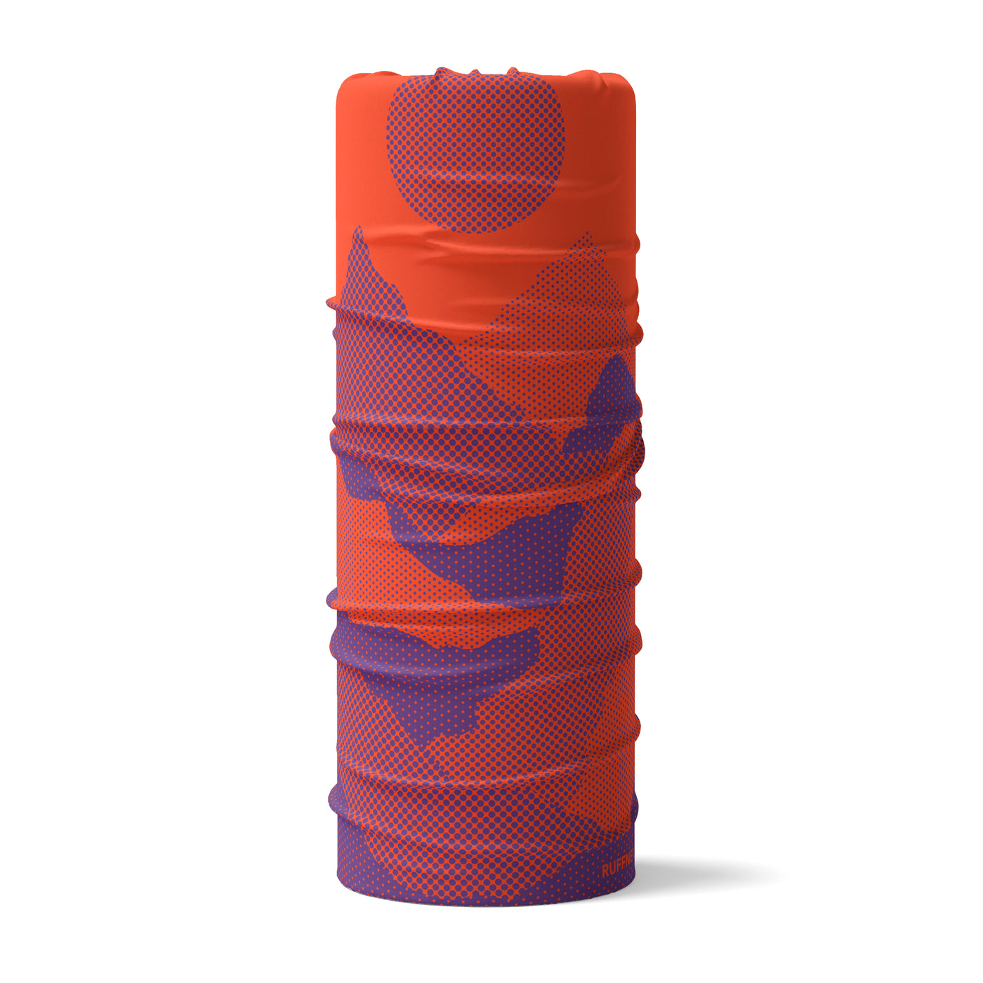 Mountains Orange RUFFNEK® snood with orange and purple abstract mountain design, ideal for hiking, cycling, skiing, and outdoor wear.  #HikingGear #CyclingStyle #SkiAccessories
