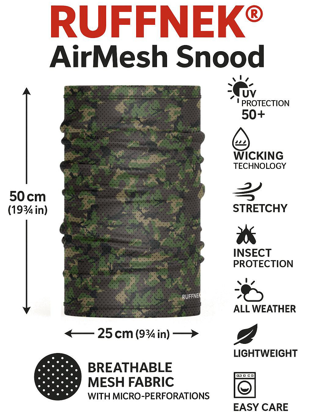 RUFFNEK® AirMesh Snood InfoGraphic– breathable mesh fabric with micro perforations, moisture-wicking, stretchy, insect protection, all weather, lghtweight and easy care multifunctional scarf with UPF 50+ protection. Ideal for sport and outdoor activities.