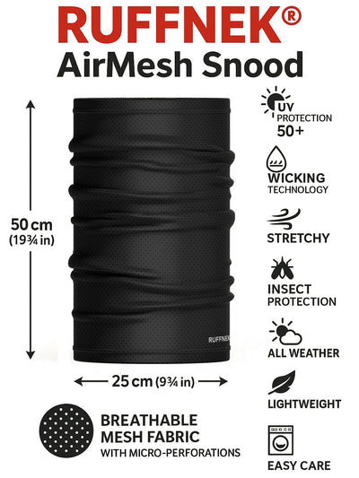 RUFFNEK® AirMesh Snood InfoGraphic– breathable mesh fabric with micro perforations, moisture-wicking, stretchy, insect protection, all weather, lghtweight and easy care multifunctional scarf with UPF 50+ protection. Ideal for sport and outdoor activities.