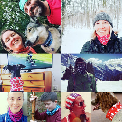 Photo montage of customers wearing their Ruffnek scarf snoods for different activities and worn as a neck gaiter, head band, hair band, skiing mask and also a dog scarf. Hiking, skiing, cycling, beach, dog scarf, kids scarf.