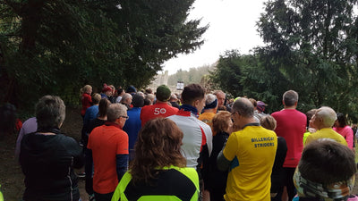 A photo of the start of park run at Fountains Abbey some wearing their Ruffnek scarves as a neck warmer.
