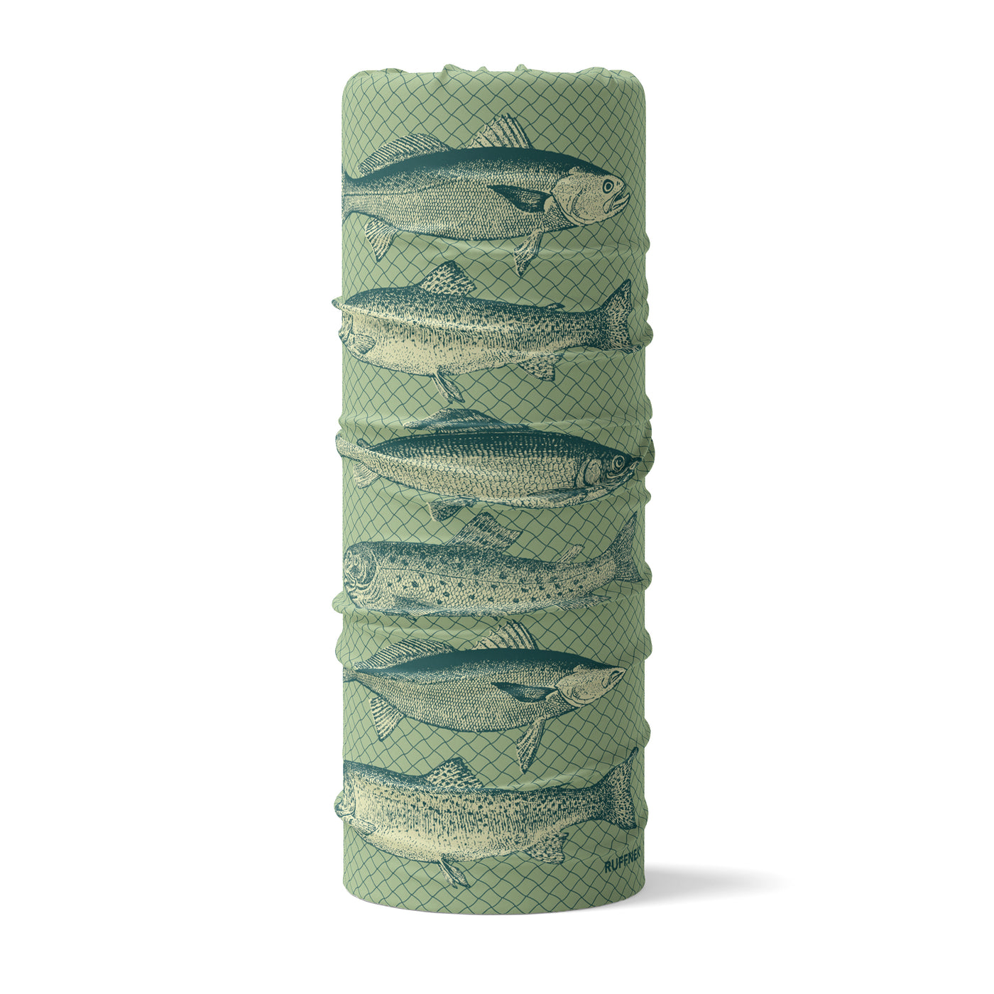 RUFFNEK® Vintage Trout Neck Gaiter  – a multi-purpose fishing accessory with a hand drawn trout design on a fishing net background, ideal for anglers and freshwater fishing fans.