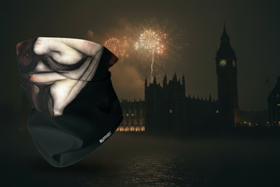 Guy Fawkes RUFFNEK scarf mask design shown alongside dark atmospheric view of 1605 Houses of Parliament with fireworks and evening smog
