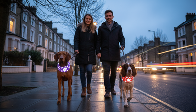 Night Dog Walk Safety - Two Different Breeds with Reflective Bandanas