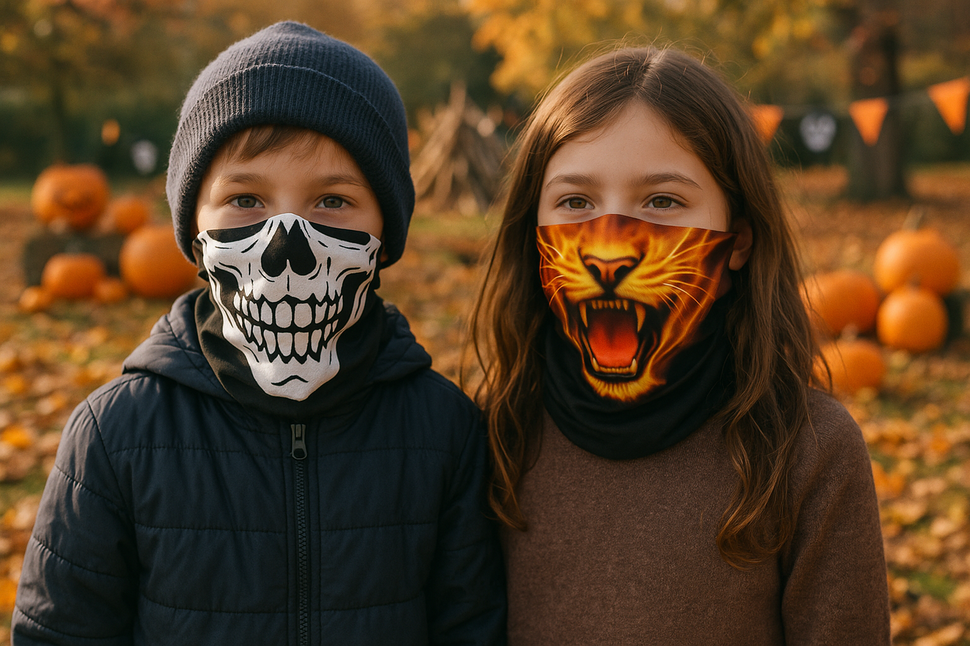 Two children with enhanced bonfire and Halloween background wearing Ruffnek Halloween face masks
