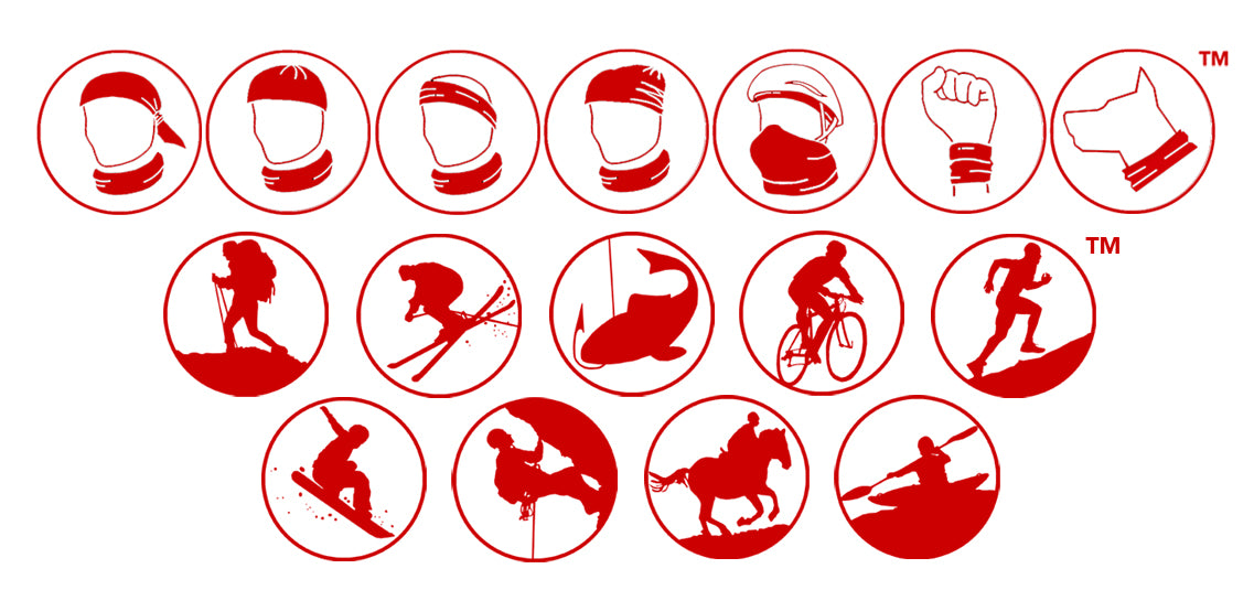 Symbols showing how to wear your Ruffnek and what activities including hiking, skiing, fishing, cycling, running, snowboarding, climbing, horse riding and canoeing/sailing.