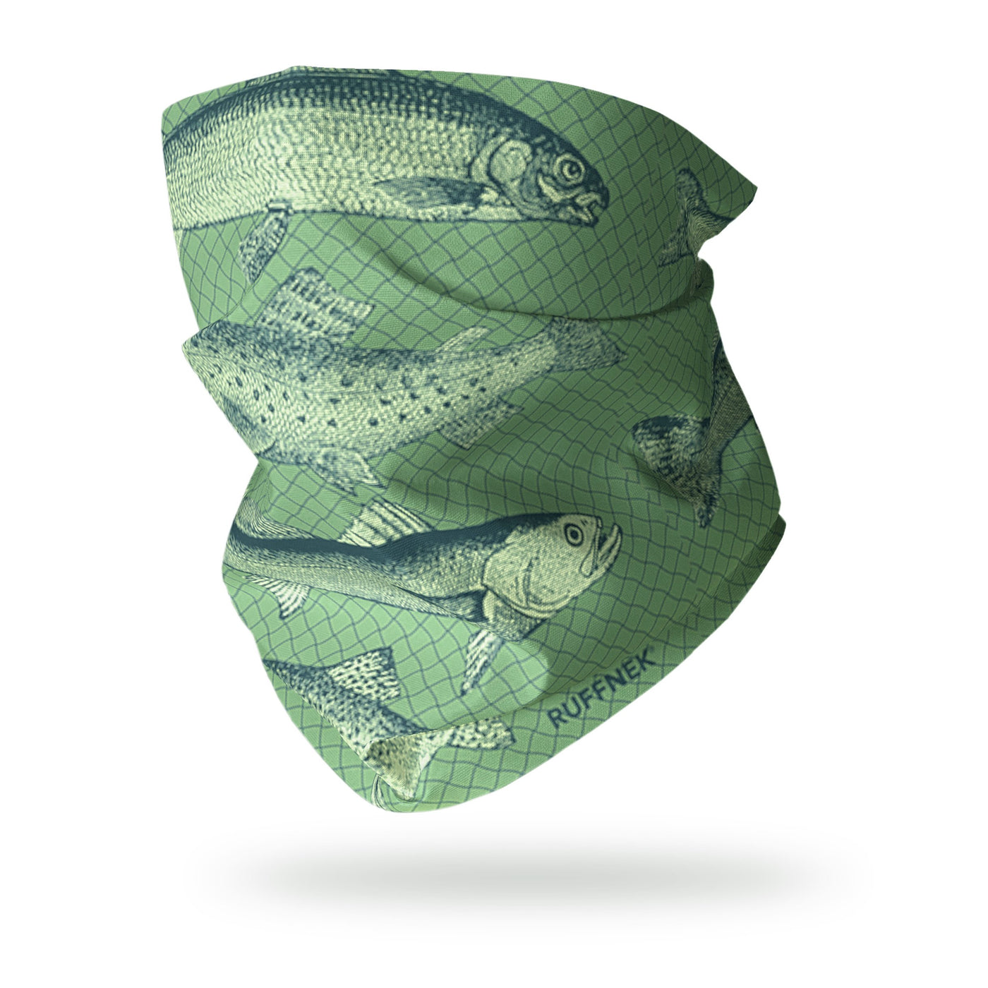 RUFFNEK® Vintage Trout Neck Gaiter  – a multi-purpose fishing accessory with a hand drawn trout design on a fishing net background, ideal for anglers and freshwater fishing fans.