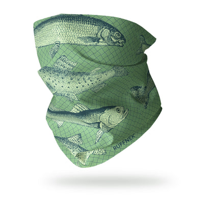RUFFNEK® Vintage Trout Neck Gaiter  – a multi-purpose fishing accessory with a hand drawn trout design on a fishing net background, ideal for anglers and freshwater fishing fans.